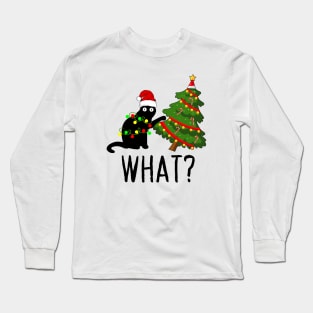 Black Cat Pushing Christmas Tree Over Cat What? Long Sleeve T-Shirt